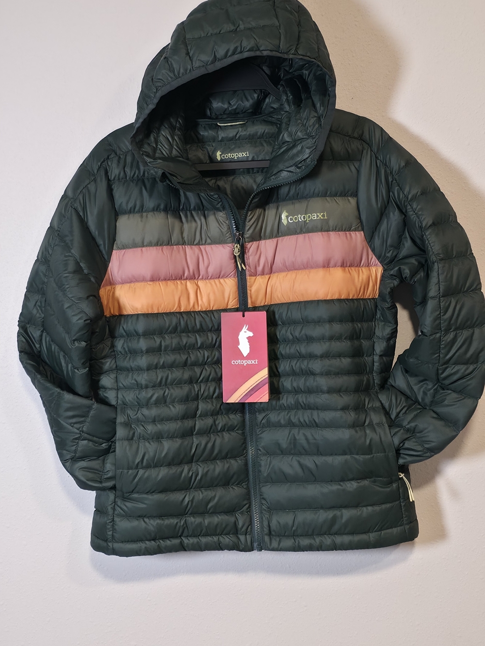 cotopaxi Dark Green Hooded Puffer with Pink & Orange Stripes